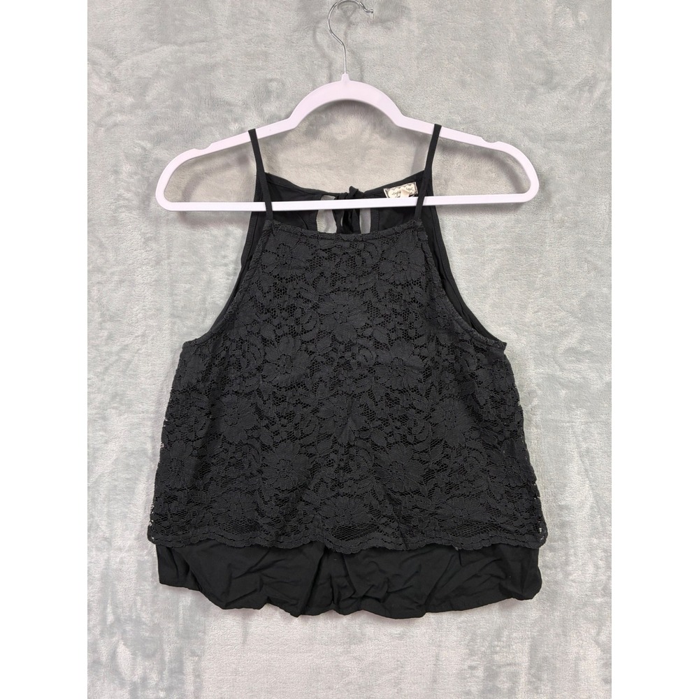 Eyeshadow Womens Black Lace Overlay Halter Tank Top Tie Back Size Medium J51381
